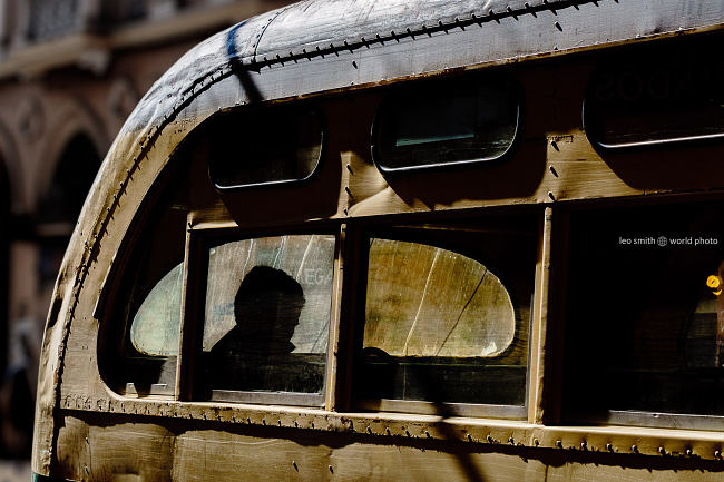 Bus passenger on a classic vintage bus, Valparaiso, Chile