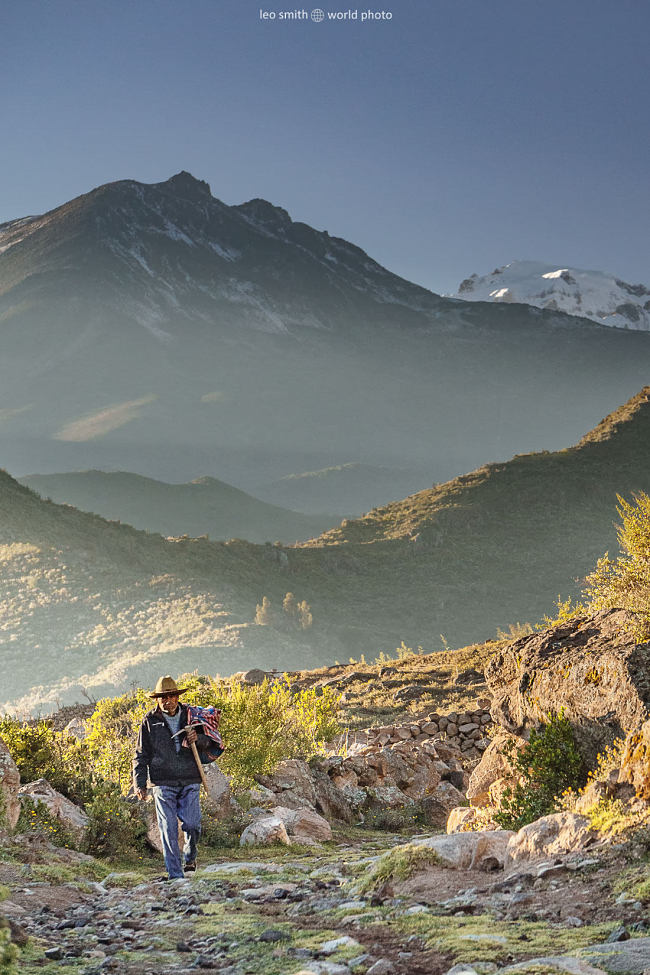 A farmer walks to work at sunrise, Cabanaconde, Peru - Leo Smith Photo Video