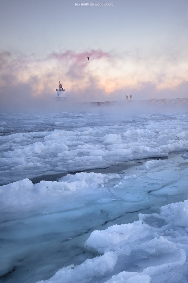 Leo Smith World Photo: Maine Photos and Prints - Jan 1st Sea Smoke at Sunrise - Maine, USA