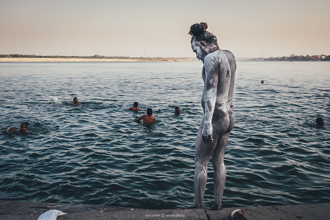 Leo Smith Photo Video: Leo Smith World Photo: Travel, Documentary & Landscape Photography and Video -- a "Sky Clad" saddhu prepares for bathing in the Ganges, Varanasi