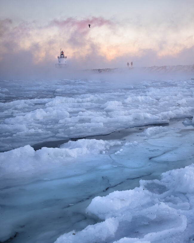 Leo Smith World Photo: Maine Photos and Prints - Jan 1st Sea Smoke at Sunrise - Maine, USA